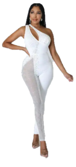 Sleeveless Rhinestone Hollow Mesh Jumpsuit | One Shoulder Bodycon Jumpsuit | YEnvyMe Rhinestone Jumpsuit
