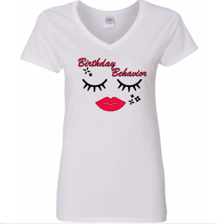 White T-Shirt with the words Birthday Behavior in the color red. Closed eyelids, color black. Red Lips